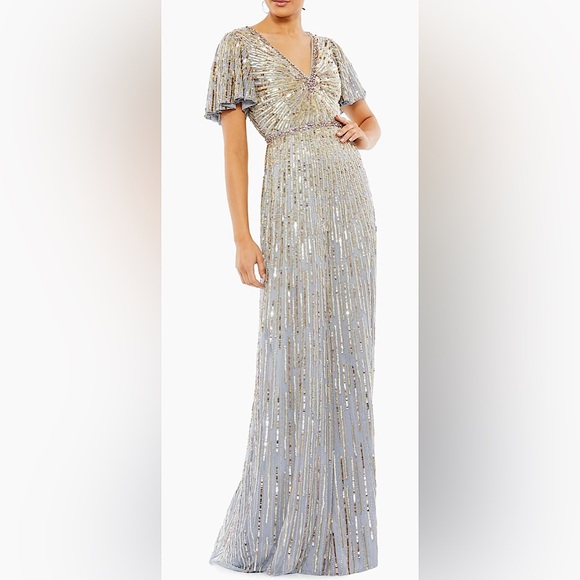 Mac Duggal Sequined Butterfly-Sleeve Column Gown in Platinum